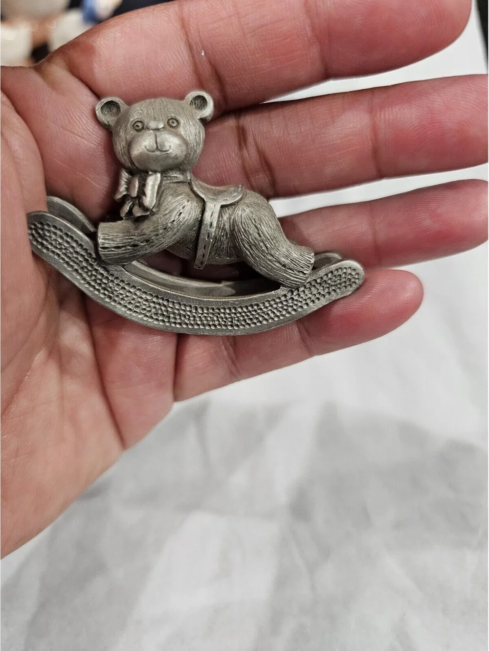 Vintage 1983 Spoontiques Rocking Teddy Bear Pewter Silver Figurine Size 1.5X2.5